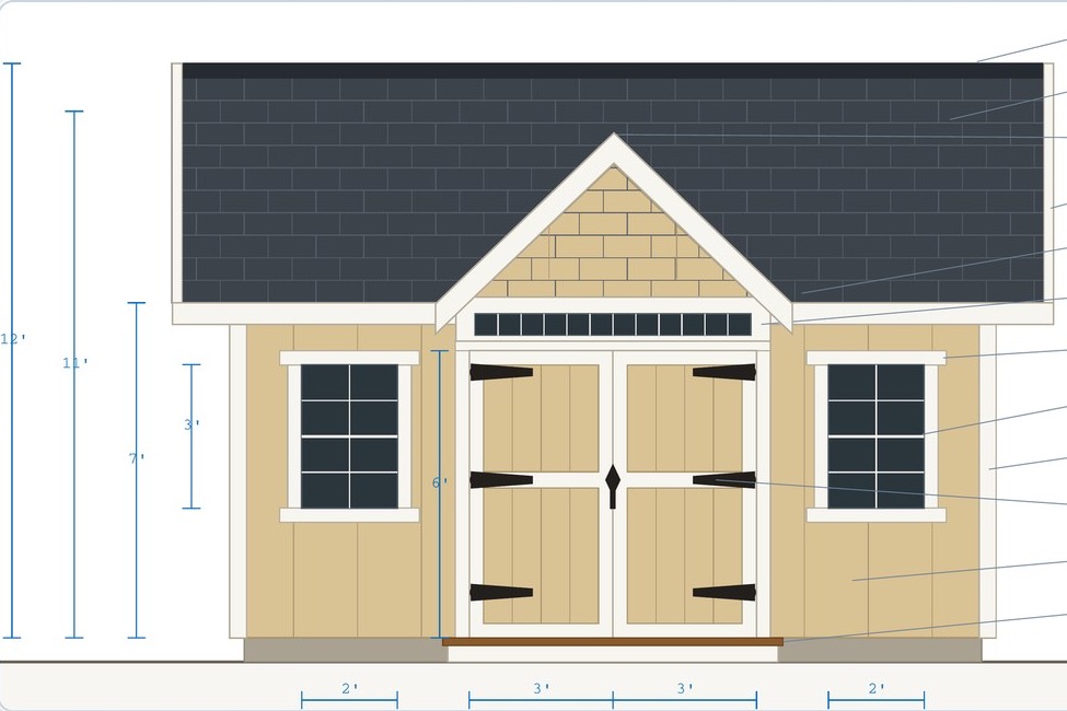 Front elevation drawing of a shed with scaled dimensions